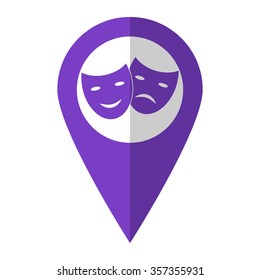 Theater masks - vector icon;  violet map pointer