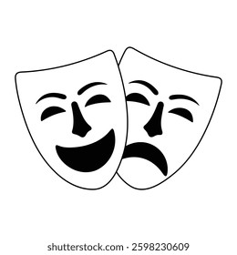 Theater masks vector illustration. Comedy and tragedy drama symbol in doodle style. Black line art isolated on white background.