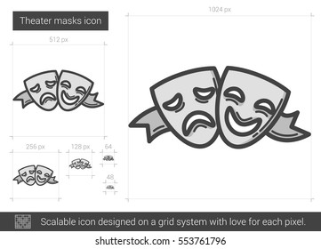 Theater masks vector line icon isolated on white background. Theater masks line icon for infographic, website or app. Scalable icon designed on a grid system.