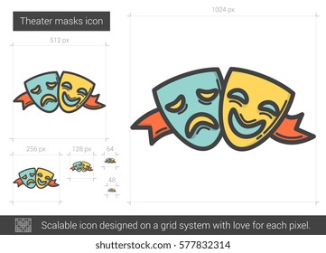 Theater masks vector line icon isolated on white background. Theater masks line icon for infographic, website or app. Scalable icon designed on a grid system.