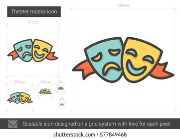 Theater masks vector line icon isolated on white background. Theater masks line icon for infographic, website or app. Scalable icon designed on a grid system.