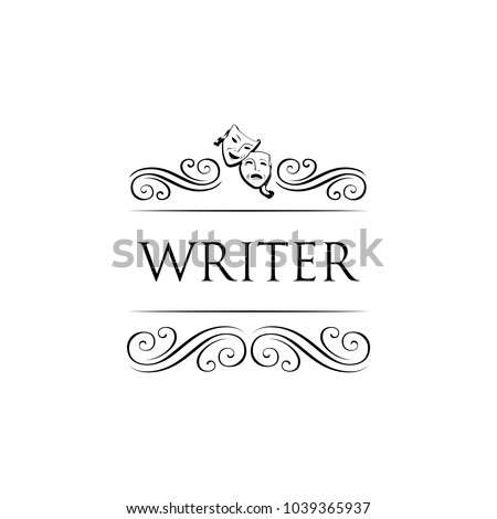 Theater masks. Writer logo with swirls, decoration elements. Vector illustration isolated on white background.