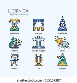 Theater- modern color vector single line design icons set Harlequin, curtain, character, ticket, building, tragedy, comedy mask, puppet, lira, actress