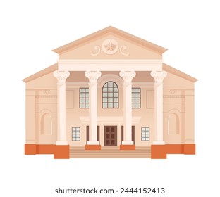 Theater movie cinema building facade. Theatre entrance front view cartoon vector illustration isolated on white background. Cultural house in city center. Urban infrastructure infographics.