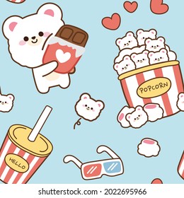 Theater movie concpet.Seamless pattern of bear with popcorn cartoon on blue background.