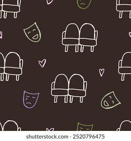 theater or movie. movie theater seats and laughter and sadness masks. Doodle vector illustration. Childish naive art style.