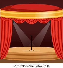 Theater Or Music Concert Scene With Red Curtain, Lights And Microphone Stand In The Center. Wooden Stage With Drapery And Pelmets. Flat Cartoon Vector