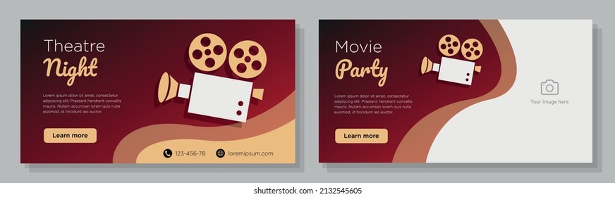 Theater Night Event Online Banner Template Set, Movie Party Advertisement, Horizontal Ad, Vintage Old Film Camera Campaign Webpage, Flyer, Creative Brochure, Isolated On Background.