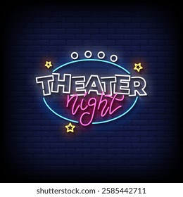 theater night neon sign with brick wall background vector