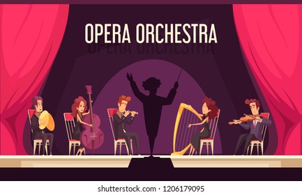 Theater opera orchestra onstage performance with violinist harpist fluitist musicians conductor red curtain flat composition vector illustration