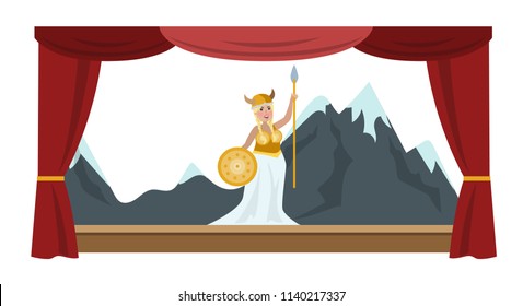 Theater perfomance show. Actress in costume in front of audience. Red curtains and decorations on the background. Vector flat illustration