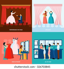 Theater Performance Approving Applause And Tickets At The Door 4 Flat Icons Square Banner Abstract Vector Illustration