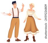 Theater performance cartoon actors in theatrical costumes. Couple of actors performing show on stage, cartoon man holding creative script page to read, play and rehearse to woman vector illustration