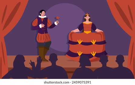 Theater performance concept. Man and woman in traditional ancient clothes performs at scene near audience. Cultural rest and leisure. Actors at stage with show. Cartoon flat vector illustration