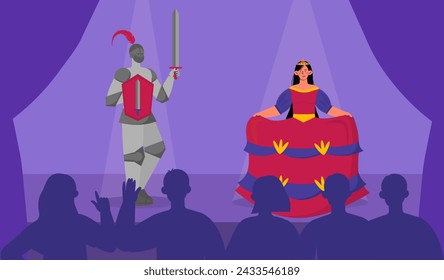 Theater performance concept. Princess and knight with sword. Cultural leisure and hobby. Theatrial show. Actor and actress at stage. Poster or banner. Cartoon flat vector illustration