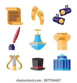 Theater performance decorative icons flat set with mask applause flowers isolated vector illustration