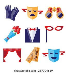 Theater performance decorative icons flat set with mask applause flowers isolated vector illustration
