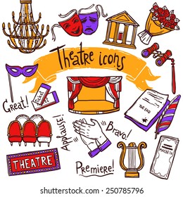 Theater Performance Decorative Icons Sketch Set With Mask Applause Flowers Isolated Vector Illustration