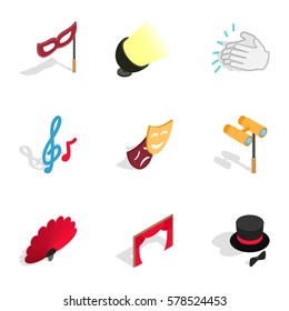 Theater performance icons set. Isometric 3d illustration of 9 theater performance vector icons for web