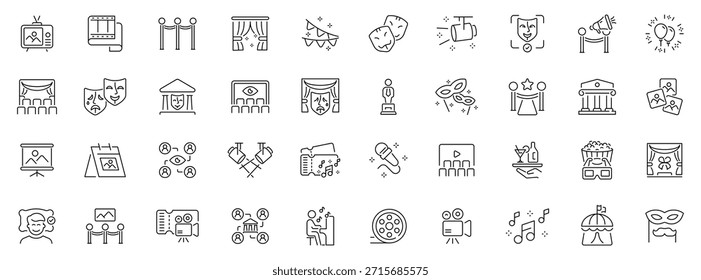 Conjunto de iconos de actuación de teatro. línea, iconos de línea editables, drama y símbolos de espectáculo