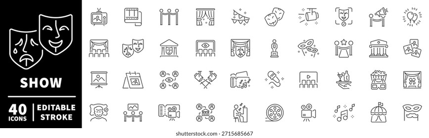 Conjunto de iconos de actuación de teatro. línea, iconos de línea editables, drama y símbolos de espectáculo