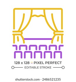 Theater performance pixel perfect two color line icon. Drama acting stage. Artistic showcase, storytelling bicolor outline symbol. Duotone linear pictogram. Isolated illustration. Editable stroke