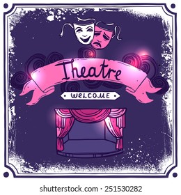 Theater performance promo poster sketch with masks stage curtain and ribbon banner vector illustration