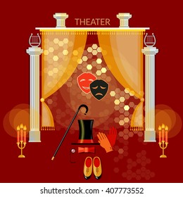 Theater performance vintage comedy and tragedy masks theater stage curtain vector illustration 