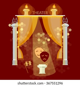 Theater performance vintage theater stage curtain comedy and tragedy masks vector illustration 