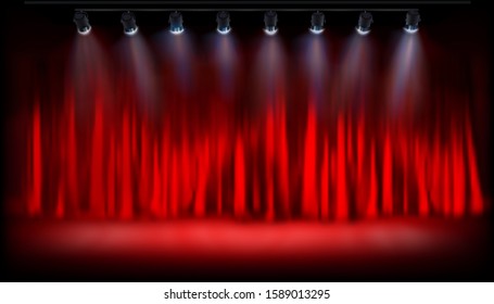 Theater platform with red curtain. Show on the stage. Spotlights on red background. Vector illustration.