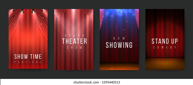 Theater posters. Red curtains stage flyers, vintage scene textile. Vector illustration night show banners or poster set with spotlight for presentation or show