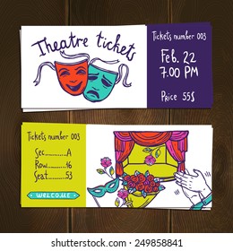 Theater premiere stage performance hand drawn ticket set isolated vector illustration