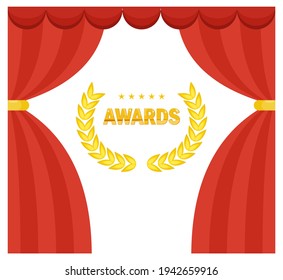 Theater red curtain and gold laurel wreath. Film festival award, achievements in art. Producer, director and screenwriter. Award for Best Film, Best Actor. Flat vector cartoon illustration.