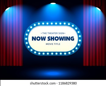Theater Retro Sign on red curtain with spotlight. Vector Illustration
