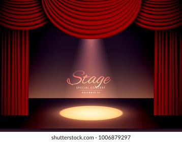 theater scence with red curtains and falling spot light