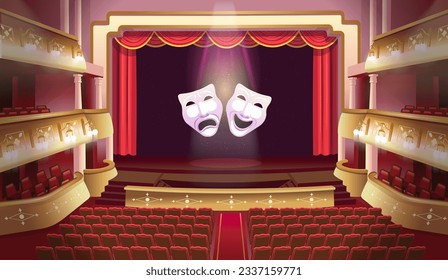 El interior del teatro con balcones y asientos. Un escenario de teatro con una cortina roja abierta y columnas y máscaras teatrales de comedia y tragedia. Ilustración de plantilla de vector