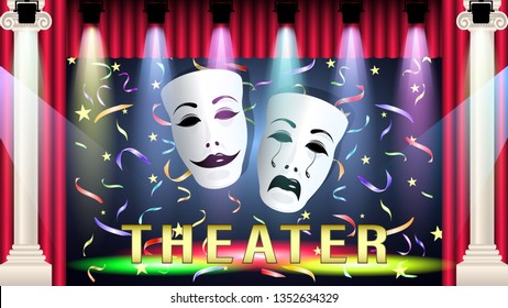 Theater scene and masks, comedy and tragedy, in the light colored spotlights, falling confetti, red curtain, marble columns. Realistic 3d vector illustration