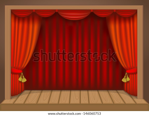 Theater Scene Rich Draperies Curtains Wooden Stock Vector Royalty