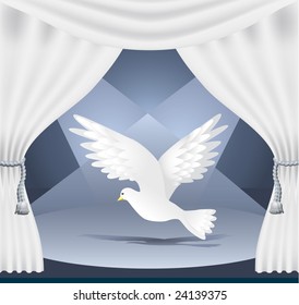 theater scene with a white veil, blue backdrop and lighting pigeonhen