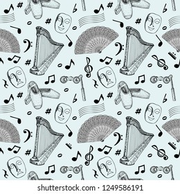 Theater seamless pattern. Hand drawn doodle. Theatre set. Theatre acting performance elements. Ticket Masks Lyra Flowers Curtain stage Musical notes. Pointe shoes.

