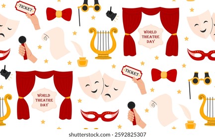 Theater seamless pattern. Theatre red curtain, theatrical comedy and drama mask, ticket, lyra. Theatre Day background. Flat Vector illustration