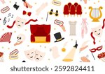 Theater seamless pattern. Theatre stage with red curtain, theatrical comedy and drama mask, ticket, lyra, flowers, musical notes, pointe shoes. Theatre Day background. Flat Vector illustration