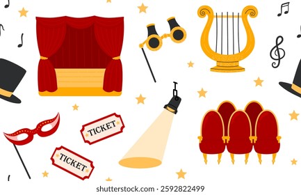 Theater seamless pattern. Theatre stage with red curtain, theatrical, mask, ticket, lyra, musical notes, hood and binoculars. Theatre Day background. Flat Vector illustration