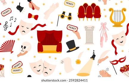 Theater seamless pattern. Theatre stage with red curtain, theatrical comedy and drama mask, ticket, lyra, flowers, musical notes, pointe shoes. Theatre Day background. Flat Vector illustration