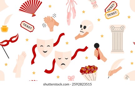 Theater seamless pattern. Theatrical comedy and drama mask, ticket, flowers, pointe shoes, ladis fan. Theatre Day background. Flat Vector illustration