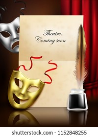 Theater season announcement advertisement stylish realistic composition with comedy tragedy masks paper ink feather pen vector illustration 