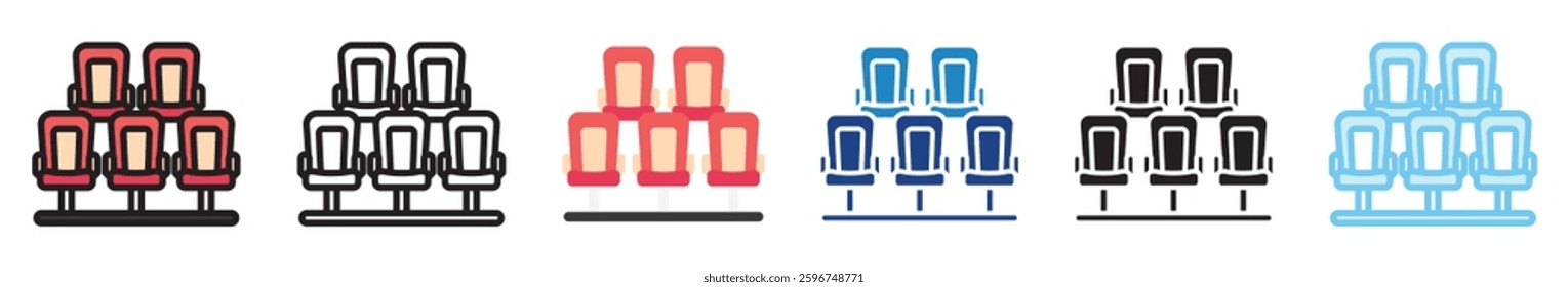 Theater Seats multi style, mini illustration icon set. outline, flat, glyph, line color, UI, UX, app and web, digital or print. related to movie, cinema, entertainment.