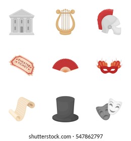 Theater set icons in cartoon style. Big collection of theater vector symbol stock illustration