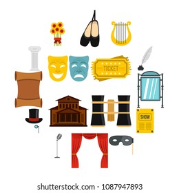 Theater set icons in flat style isolated on white background