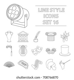 Theater set icons in outline style. Big collection of theater vector symbol stock illustration
